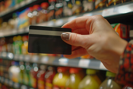 A close up of a hand holding a credit card in a vibrant supermarket aisle capturing the tactile sensation of grocery shopping