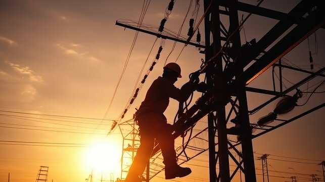 Electrician Climbing Pole During Sunset Silhouette