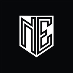 NE Letter Logo monogram shield geometric line inside shield design template