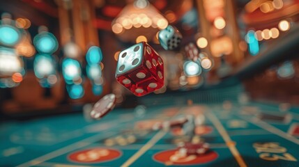 A close-up of a craps table with dice in mid-air, frozen in motion