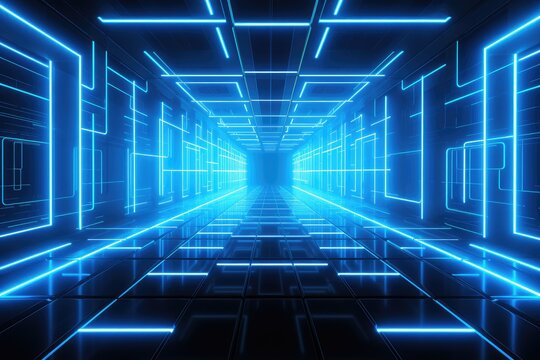 Futuristic Cyber Tunnel with Blue Neon Lights