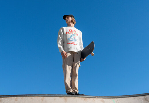 Mockup of skater wearing customizable sweatshirt, blue sky