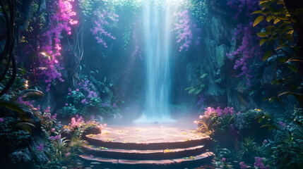A fantasy 3D podium set in an enchanted forest where ethereal glow and magical aura enhance the dreamlike atmosphere crafted in vibrant hues - obrazy, fototapety, plakaty
