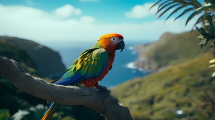 Colorful parrots perched on the branches of trees in front of lakes and mountains.