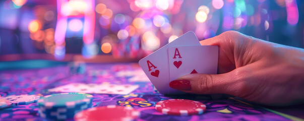 A close-up view of a poker player's hand revealing a pair of aces, with casino chips on the table and colorful bokeh lights in the background - obrazy, fototapety, plakaty