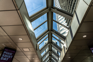 The sky visible through the glass ceiling above the sidewalk at Minato Mirai Station