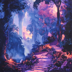 Obraz premium A luminescent whispering forest scene where ethereal landscapes meet surreal architecture under the light of a celestial event using complementary colors to enhance the visual experience