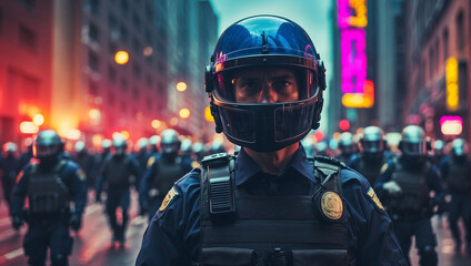 Police riot police protecting the peace of the city - obrazy, fototapety, plakaty