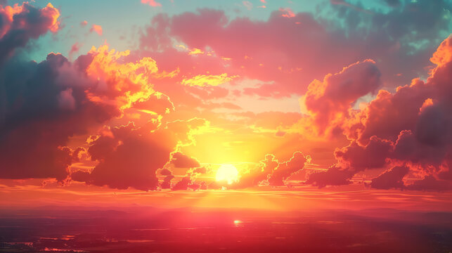 A peaceful sunset with the sun dipping below the landscape, painting the sky in a palette of warm colors