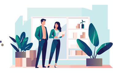 Businessman and businesswoman working in office vector illustration Man and woman standing in front of window and reading documents Teamwork concept