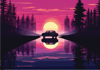 Car on the lake at sunset Vector illustration in flat style