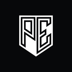 PE Letter Logo monogram shield geometric line inside shield design template