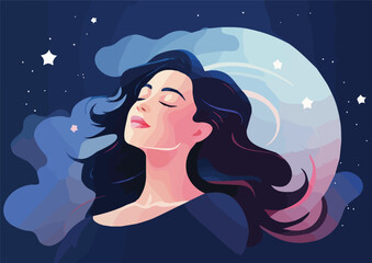 Vector illustration of a beautiful woman with long hair on the background of the moon