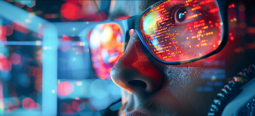 A software engineer deeply engrossed in coding, with lines of code reflected on their glasses and multiple monitors displaying various aspects of software development - obrazy, fototapety, plakaty