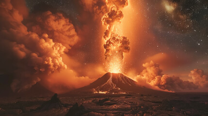 A volcanic eruption illuminating the night sky with time lapse photography capturing the explosive beauty and radiant energy of natures fury