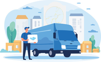 Delivery man delivering parcel to customer vector illustration Cartoon delivery man standing in front of truck and delivering letter to customer Delivery service concept