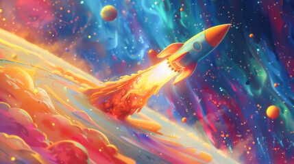 A whimsical cartoon rocket ship soaring through a colorful galaxy