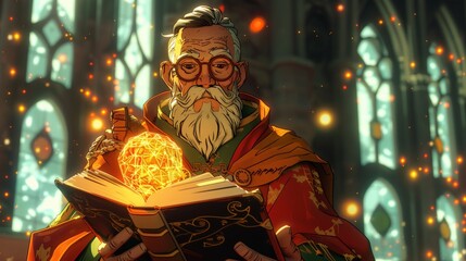 A wise wizard conjuring spells from an ancient book, surrounded by mystical artifacts and glowing magical symbols - obrazy, fototapety, plakaty