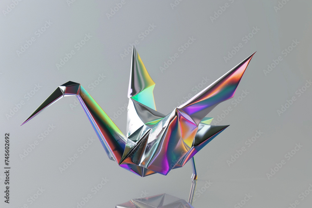 Poster 3d render of a chrome origami crane with a colorful sheen on a soft gray background