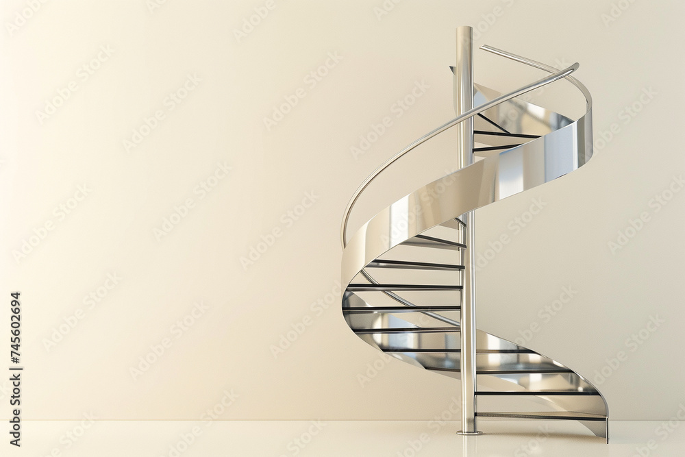 Poster 3d render of a chrome spiral staircase with a glossy finish on a soft cream background