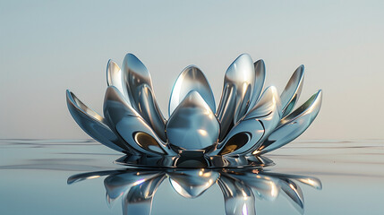 3d render of a chrome lotus with glossy petals opening on a serene water blue background - obrazy, fototapety, plakaty