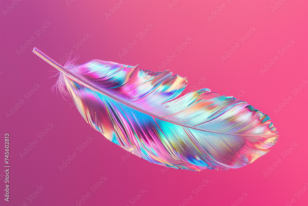 Poster 3d render of a metallic iridescent feather floating on a rich magenta background