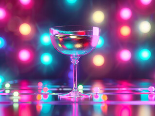 3d render of a metallic iridescent cocktail glass with a neon drink on a party night background