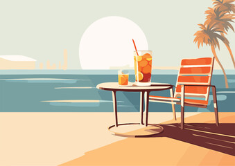 Tropical beach with chair, table and drink Vector illustration