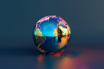 3d render of a metallic iridescent globe with glossy continents on a deep navy background
