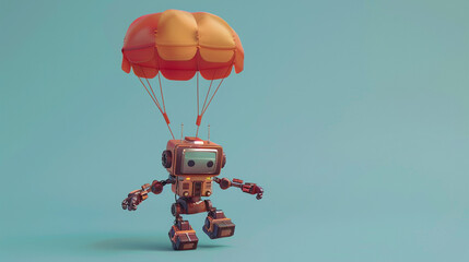 3d render of a miniature robot with a mini parachute gliding down
