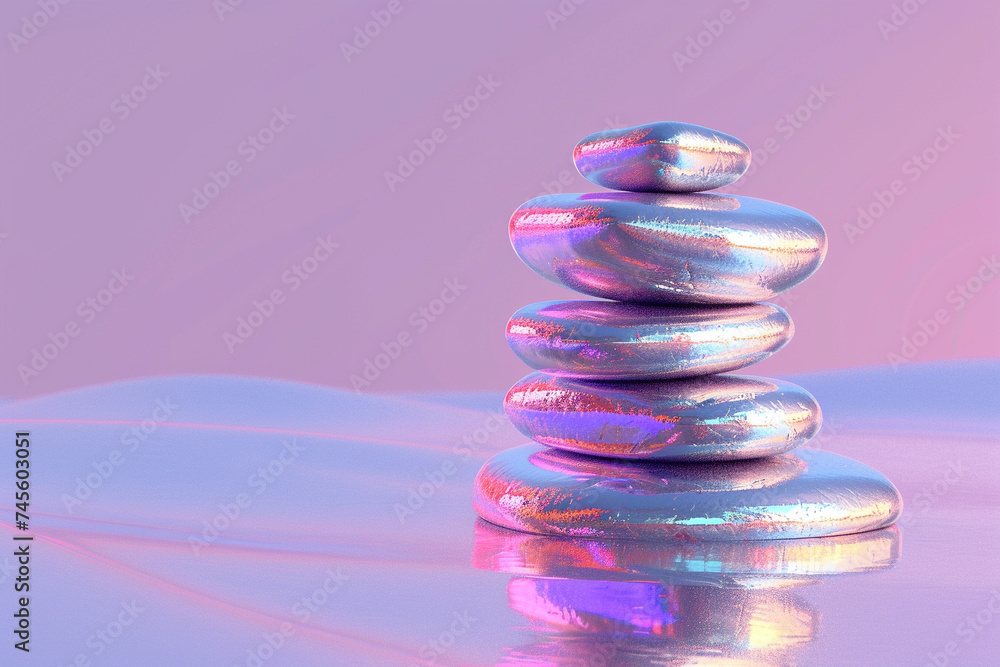 Poster 3d render of a reflective metallic pebble stack with a glossy finish on a serene violet background