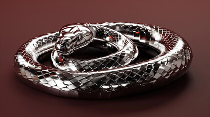 Fototapeta premium 3d render of a reflective coiled serpent with a glossy skin on a deep maroon background