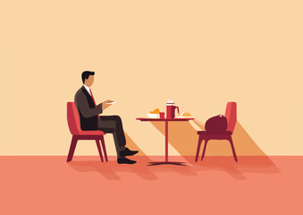 Businessman sitting at table in cafe Vector illustration in flat style