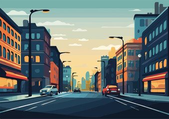 City street with buildings and cars Vector illustration in flat style