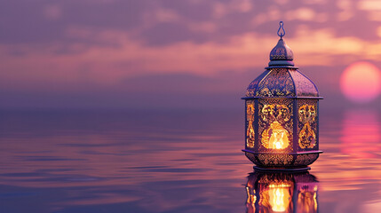 3d render of a reflective golden lantern with a glossy light on a twilight purple background