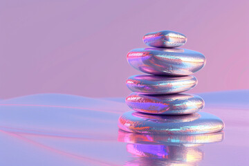 3d render of a reflective metallic pebble stack with a glossy finish on a serene violet background