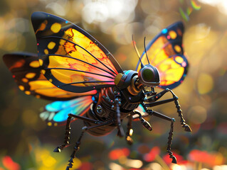 3d render of a small butterfly robot with colorful wings fluttering in sunlight