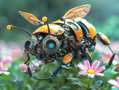 3d render of a small bee like robot pollinating flowers