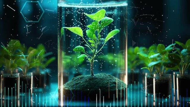 Agricultural technologies for growing plants and scientific research in the field of biology and chemistry of nature. Living green leaf with scientific data . Organic digital background