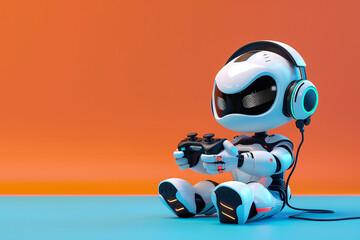 3d render of a tiny robot with a joystick and gaming headset playing video games