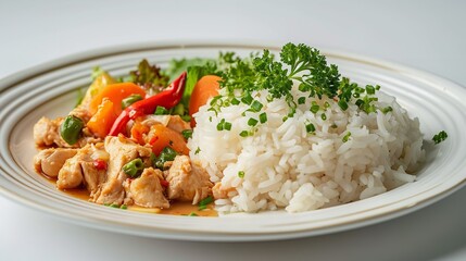 Fototapeta na wymiar A Plate of Chicken Rice on White Background 8K