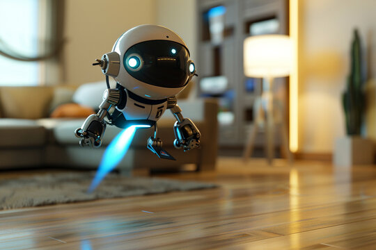 3d render of a tiny robot with a mini jet pack flying around a room