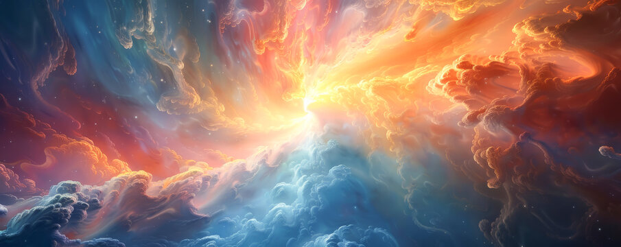 An abstract iridescent object at the center of a spectral vortex surrounded by vivid mysterious energies