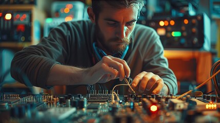 An electrical engineer testing circuit boards and electronic components in a lab, surrounded by oscilloscopes and multimeters