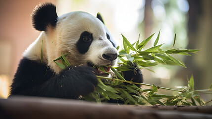 giant panda eating bamboo,A panda bear eating bamboo leaves in a zoo,Female Panda