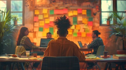 An energetic startup team in a vibrant, open-plan workspace, deeply engaged in a creative brainstorming session