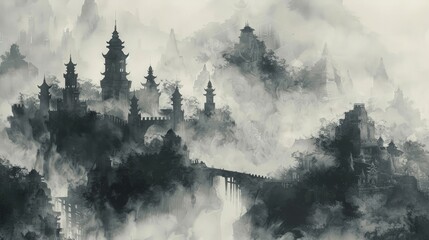 An intricate ink wash painting capturing the essence of trailblazing through mysterious realms
