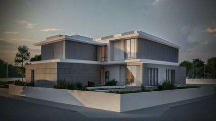 3D model of a white house against a gray backdrop. Concept for real estate or property.