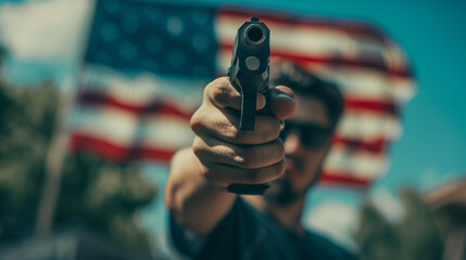 A man is aiming a gun directly at the camera, with a serious expression on his face, holding a pistol in front of an American flag, symbolizing potential danger. Concept of the problem of gun laws. - obrazy, fototapety, plakaty