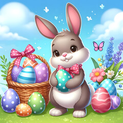 A Easter bunny standing with colorful eggs and flowers